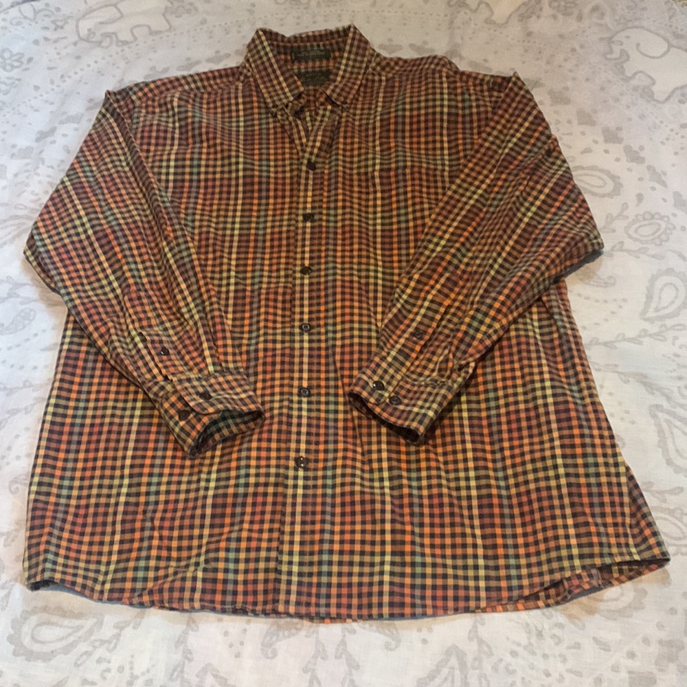 Orvis Signature Collection Button Shirt Orange Multi Plaid 100% Cotton Sz Large